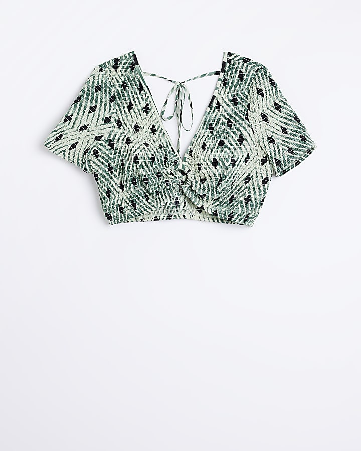 Green spot shirred cropped top