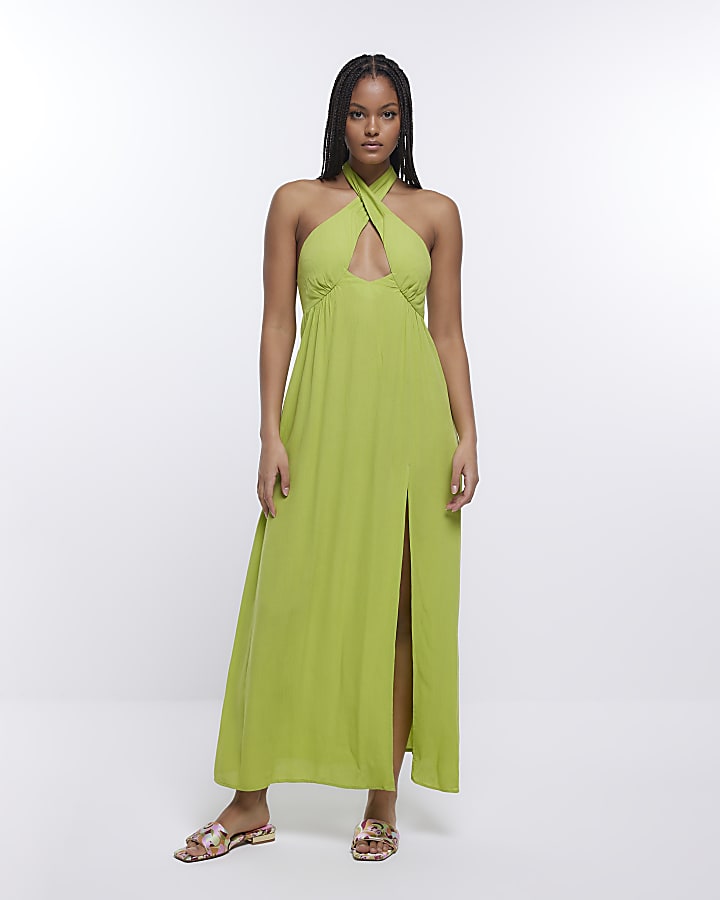 Lime halterneck maxi dress River Island