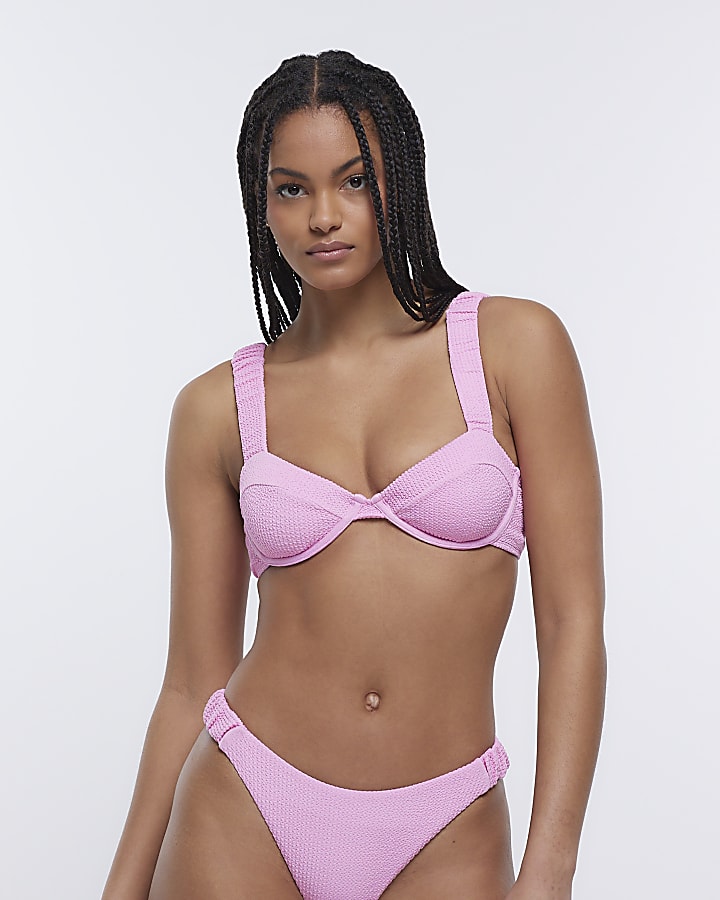 Pink textured bikini top River Island
