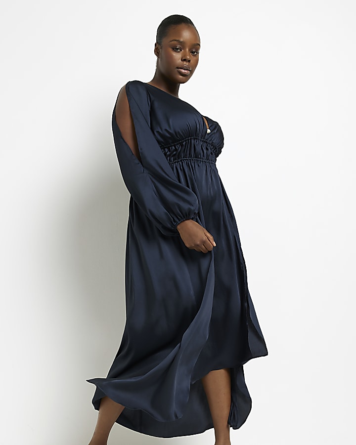 Plus navy satin cold shoulder maxi dress