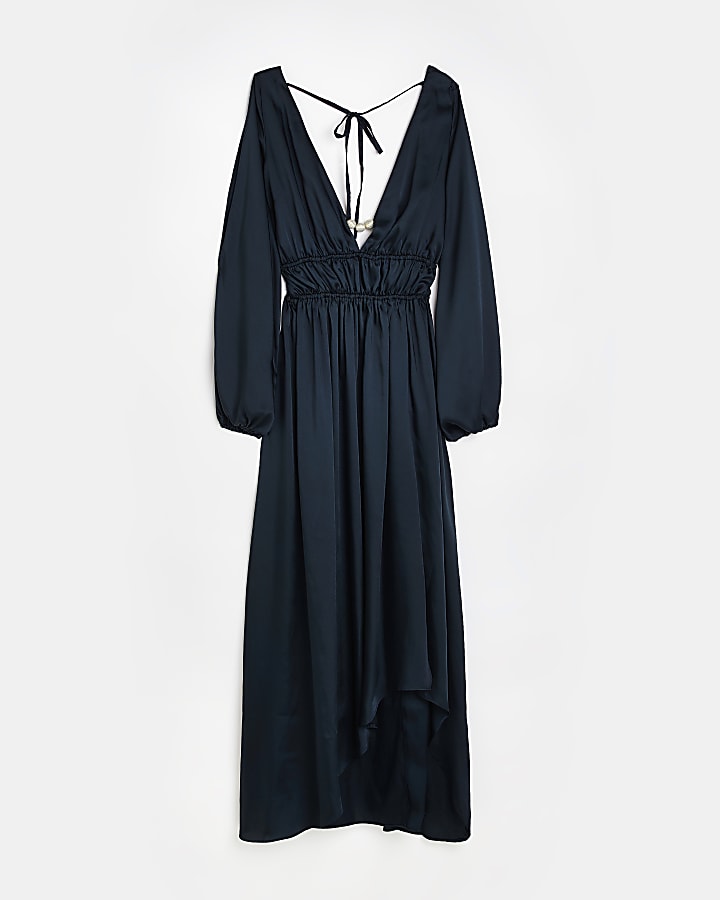 Plus navy satin cold shoulder maxi dress