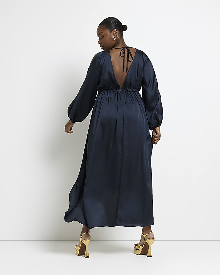 Plus navy satin cold shoulder maxi dress