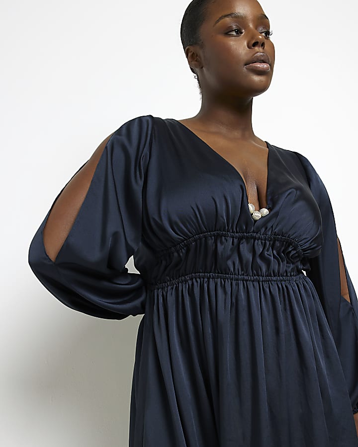 Plus navy satin cold shoulder maxi dress