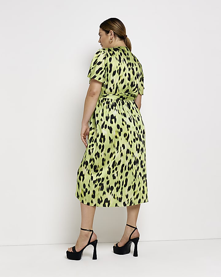 Plus yellow leopard print wrap midi dress