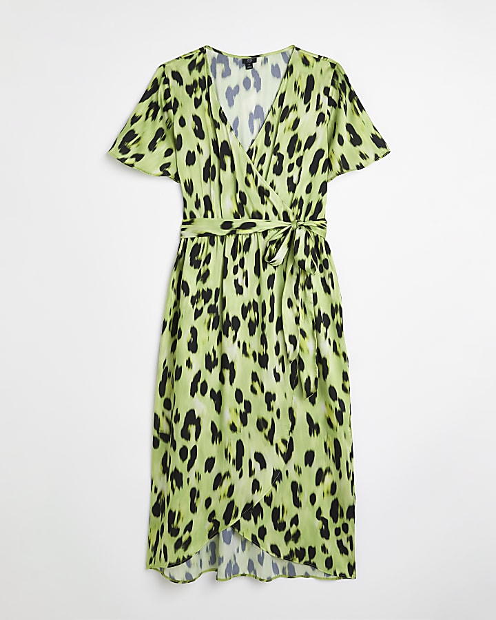 Plus yellow leopard print wrap midi dress