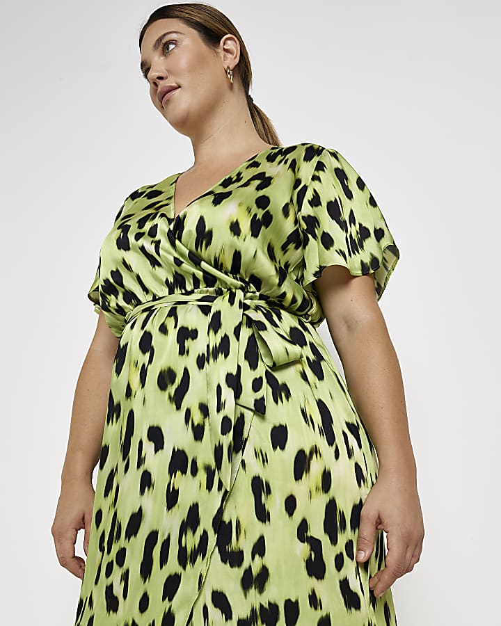 Plus yellow leopard print wrap midi dress