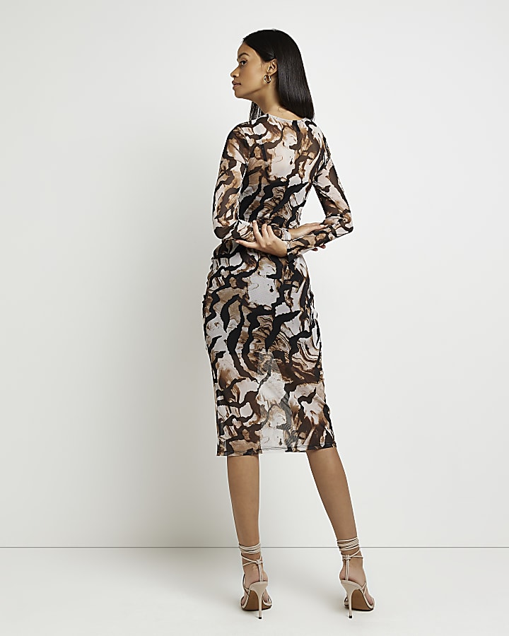 Brown mesh printed bodycon midi dress
