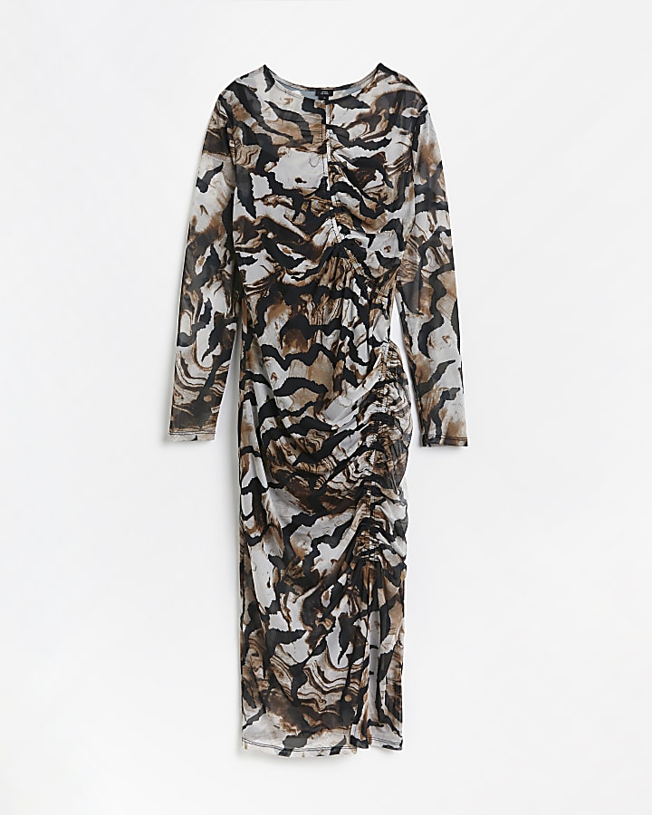 Brown mesh printed bodycon midi dress
