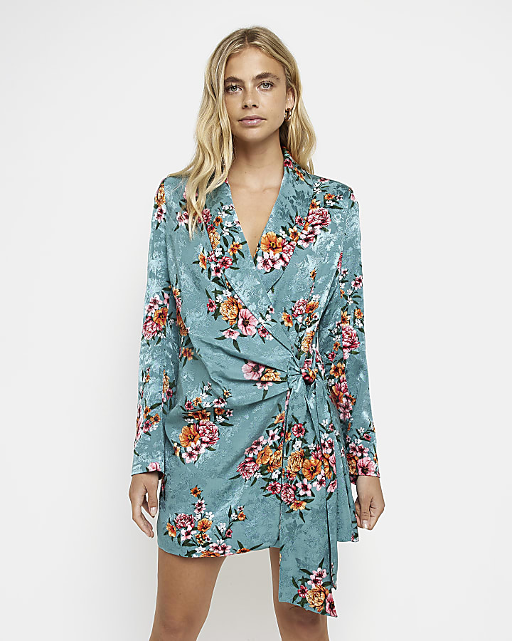 Green floral long sleeve blazer dress