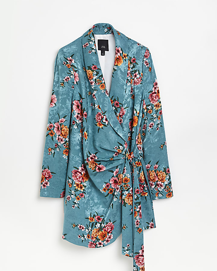 Green floral long sleeve blazer dress