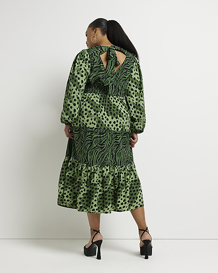 Plus green animal print midi dress