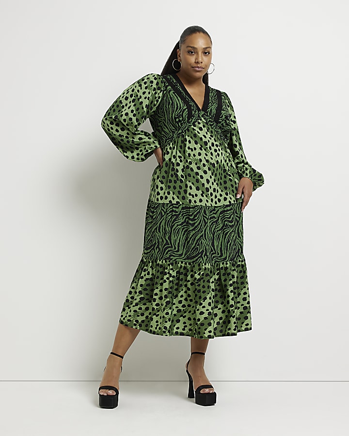 Plus green animal print midi dress