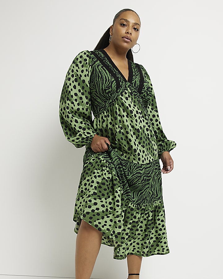 Plus green animal print midi dress River Island