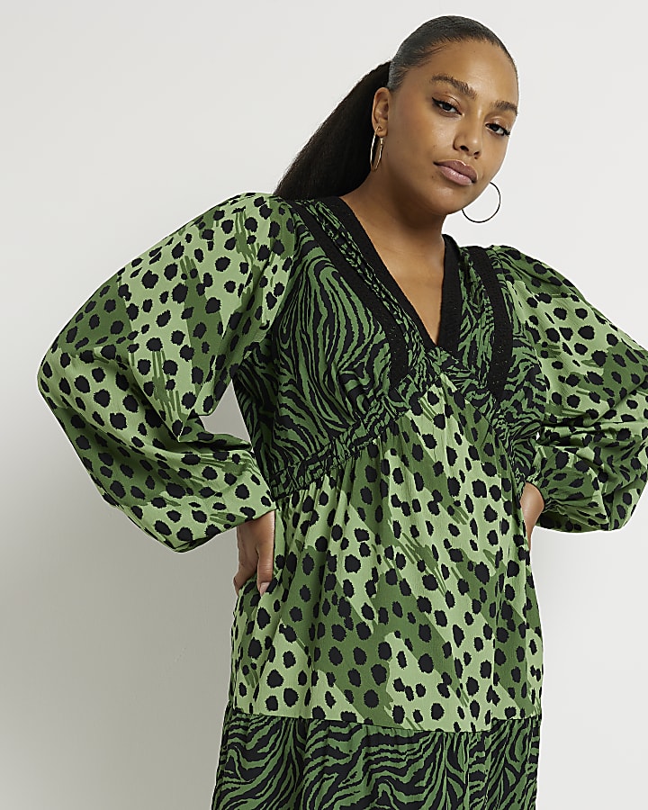 Plus green animal print midi dress