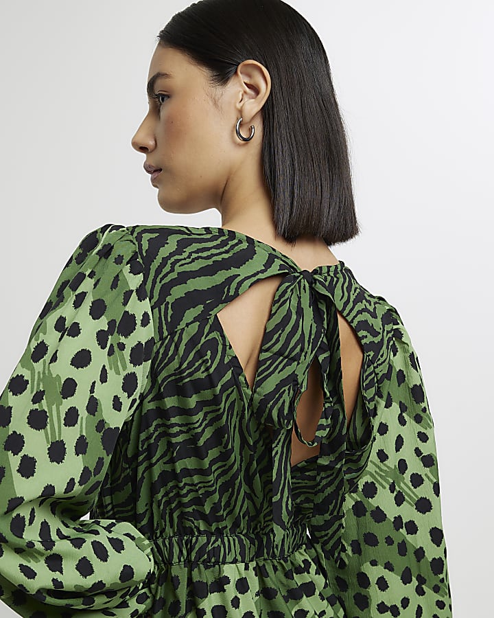 Green animal print swing midi dress