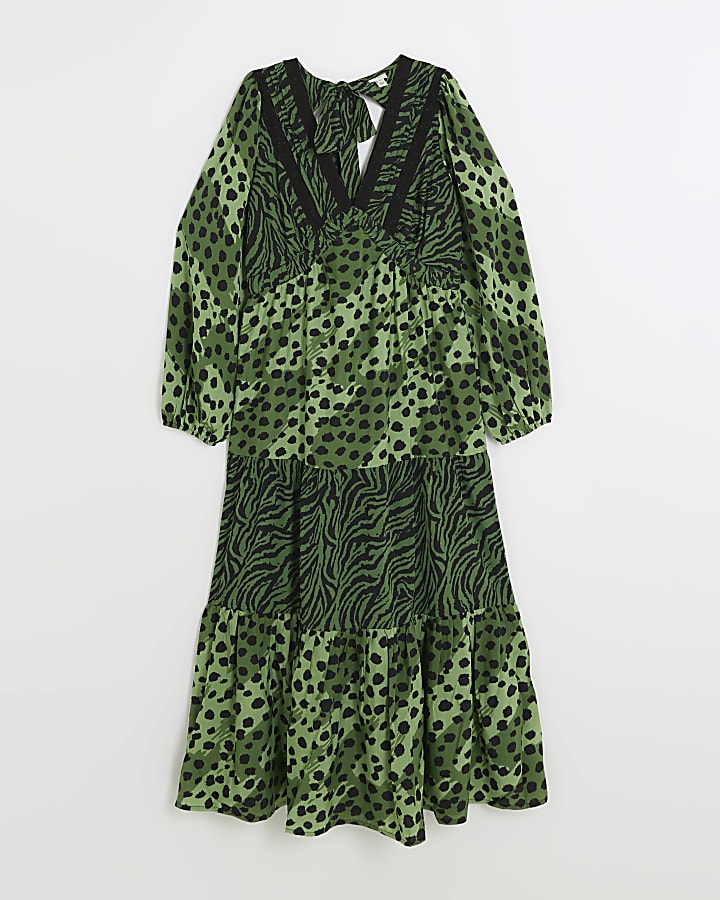 Green animal print swing midi dress