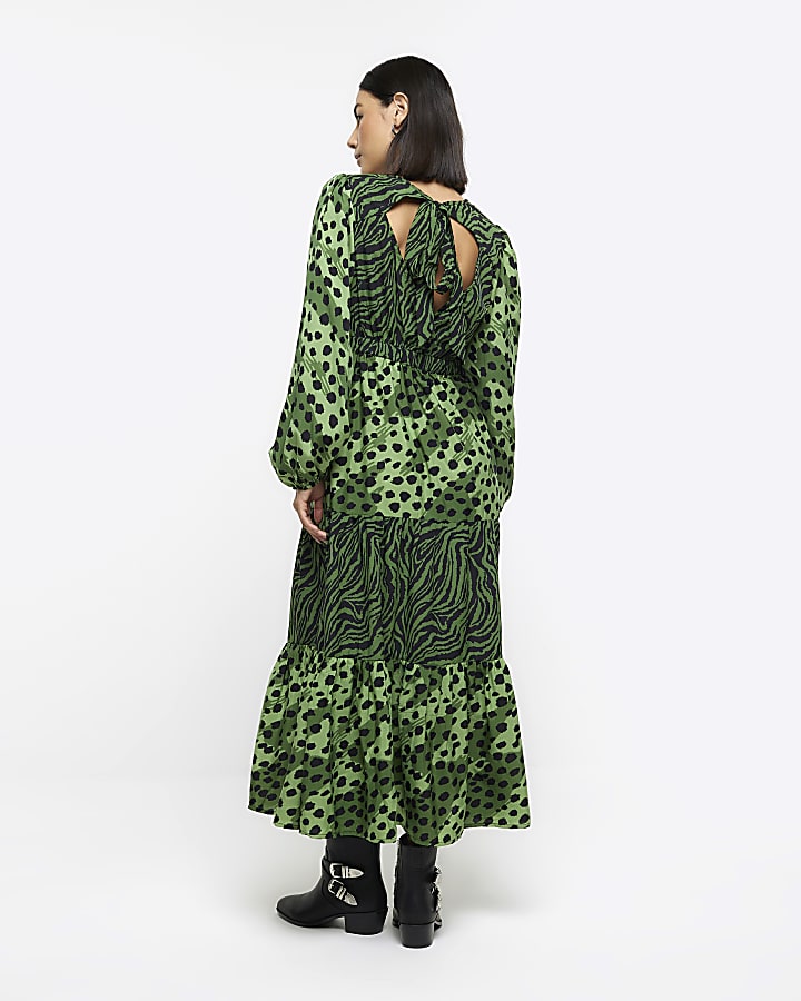 Green animal print swing midi dress