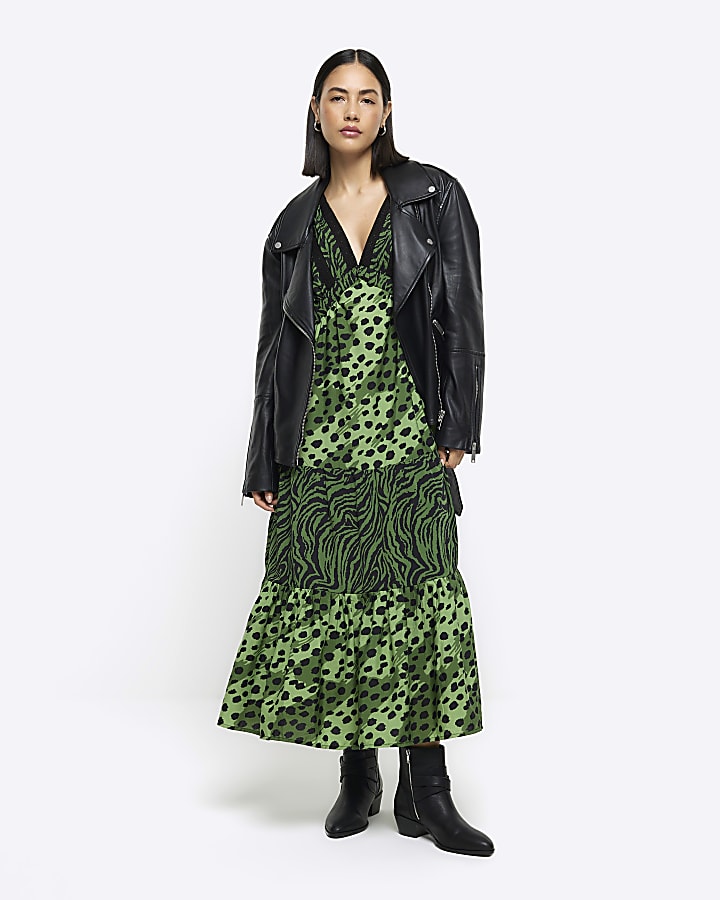 Green animal print swing midi dress