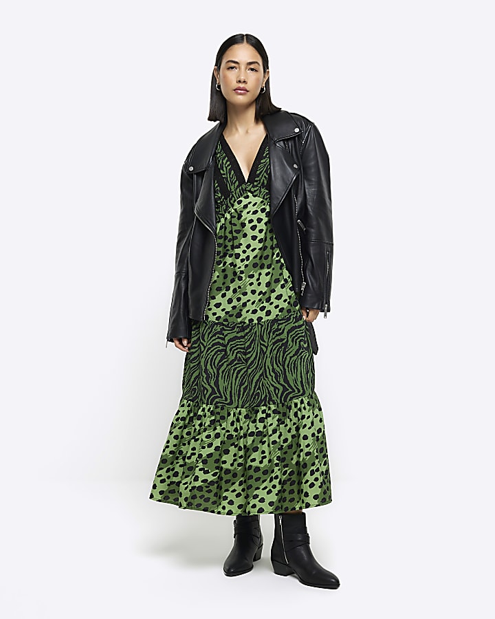 Green animal print swing midi dress