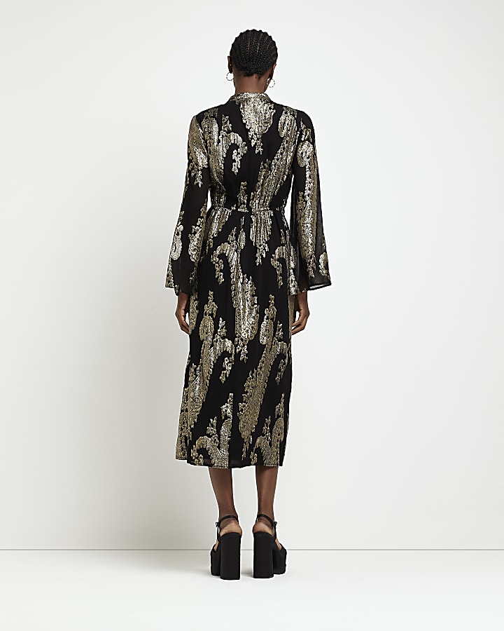 Gold paisley tie front long sleeve midi dress