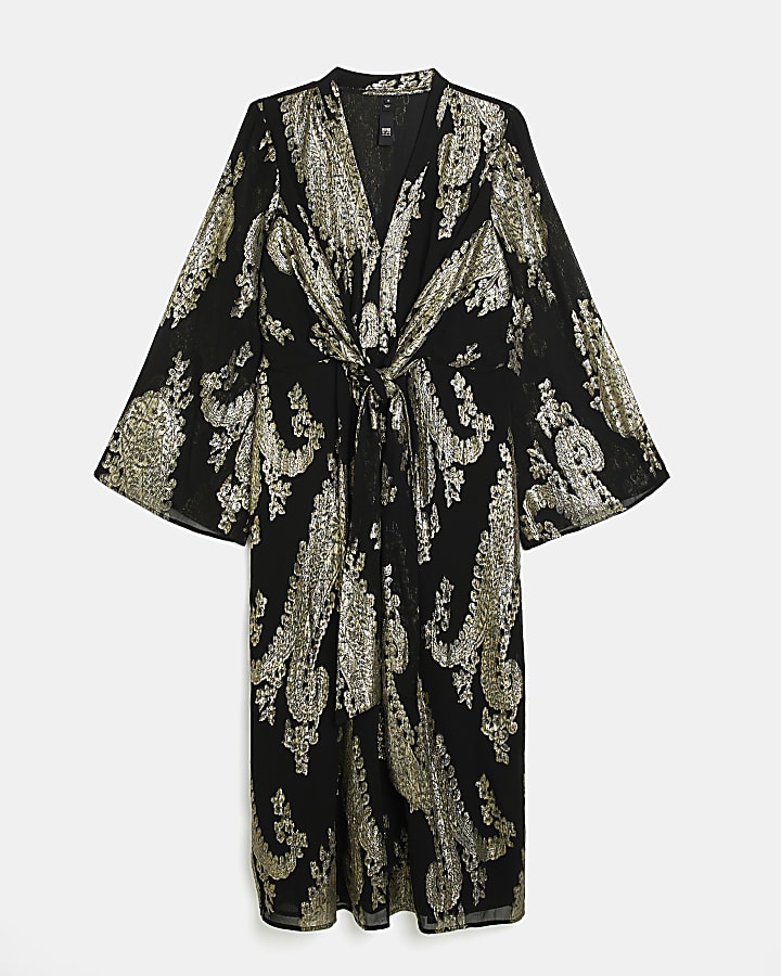 Gold paisley tie front long sleeve midi dress