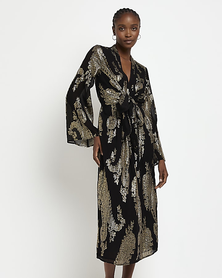 Gold paisley tie front long sleeve midi dress