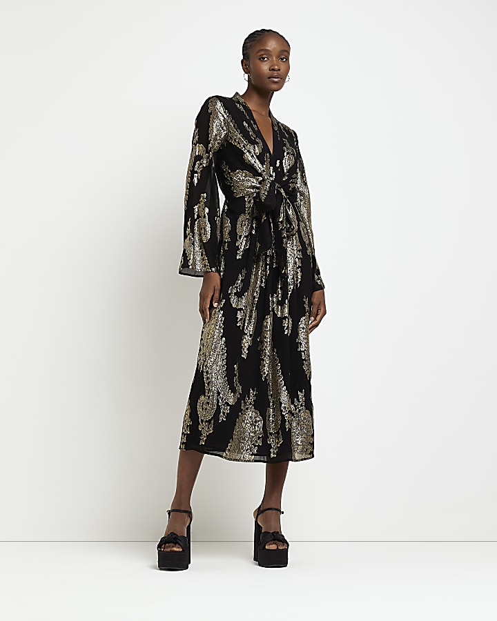 Gold paisley tie front long sleeve midi dress River Island