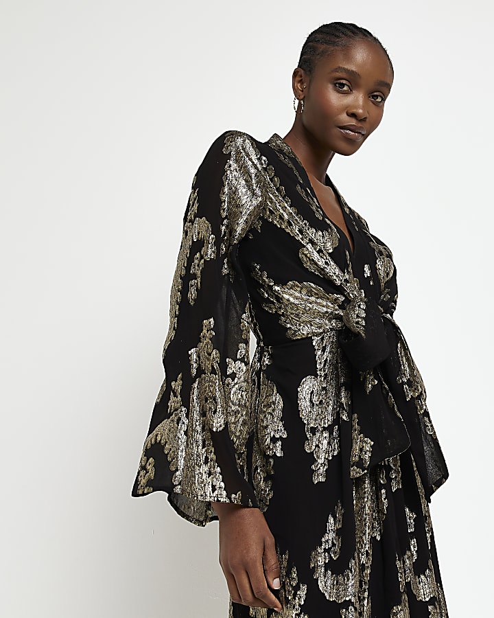 Gold paisley tie front long sleeve midi dress