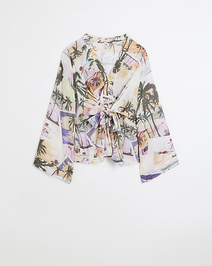 White print wrap long sleeve top