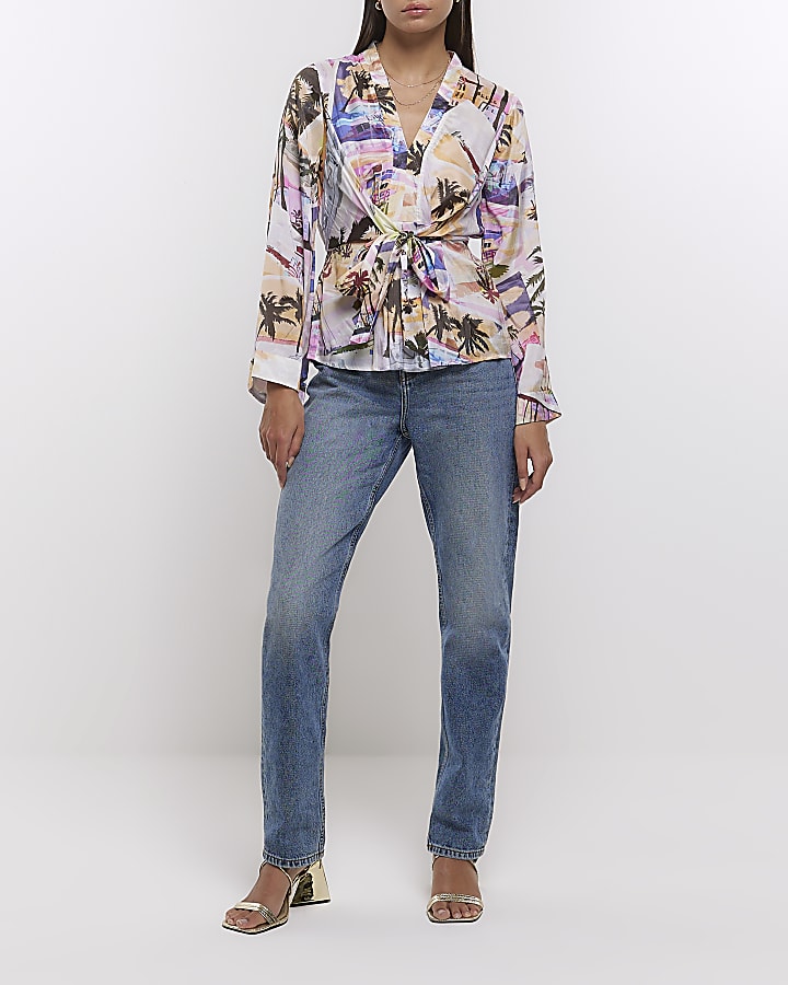 White print wrap long sleeve top