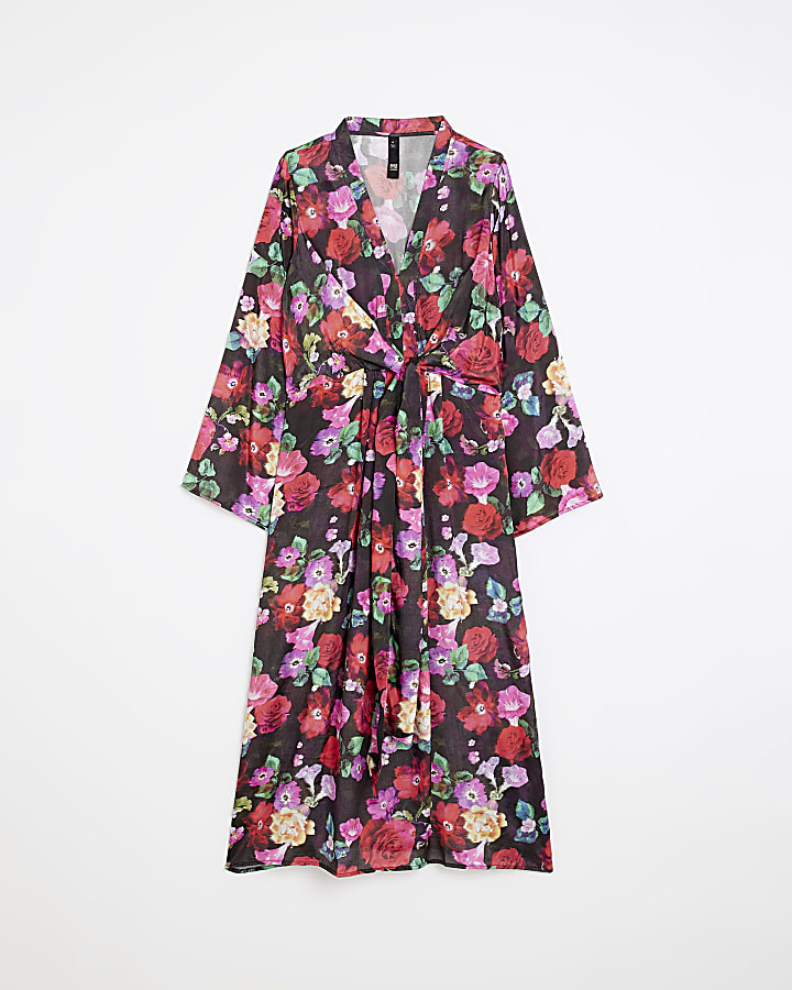 Black floral long sleeve midi dress