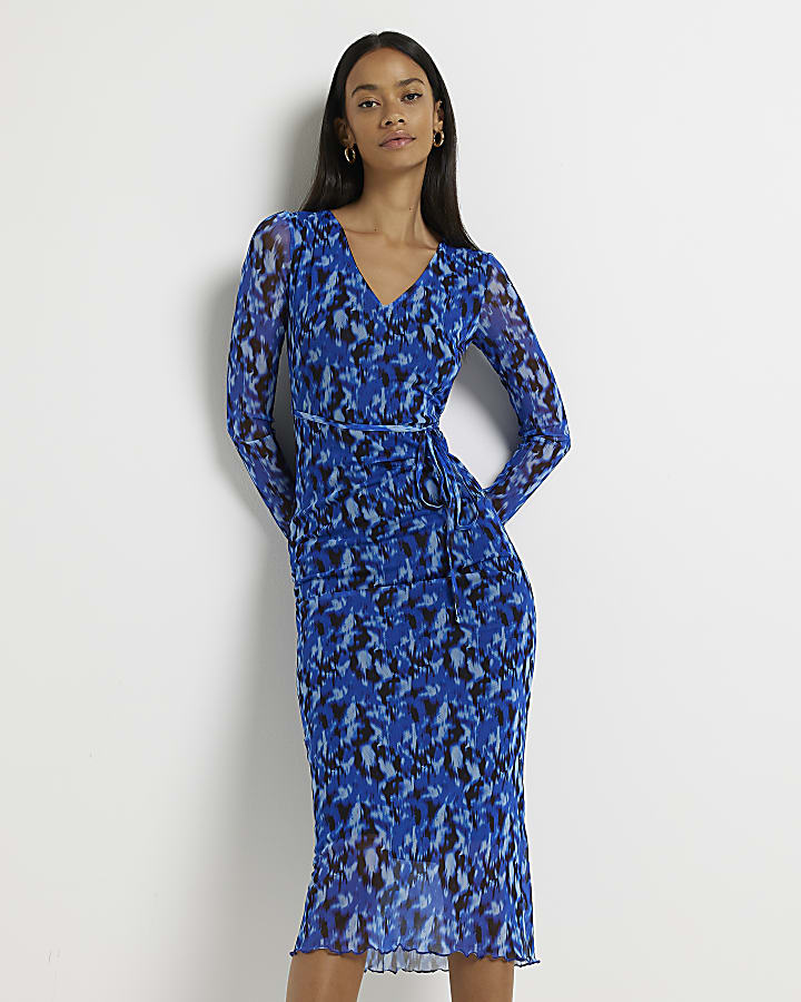 Blue print belted midi bodycon dress River Island