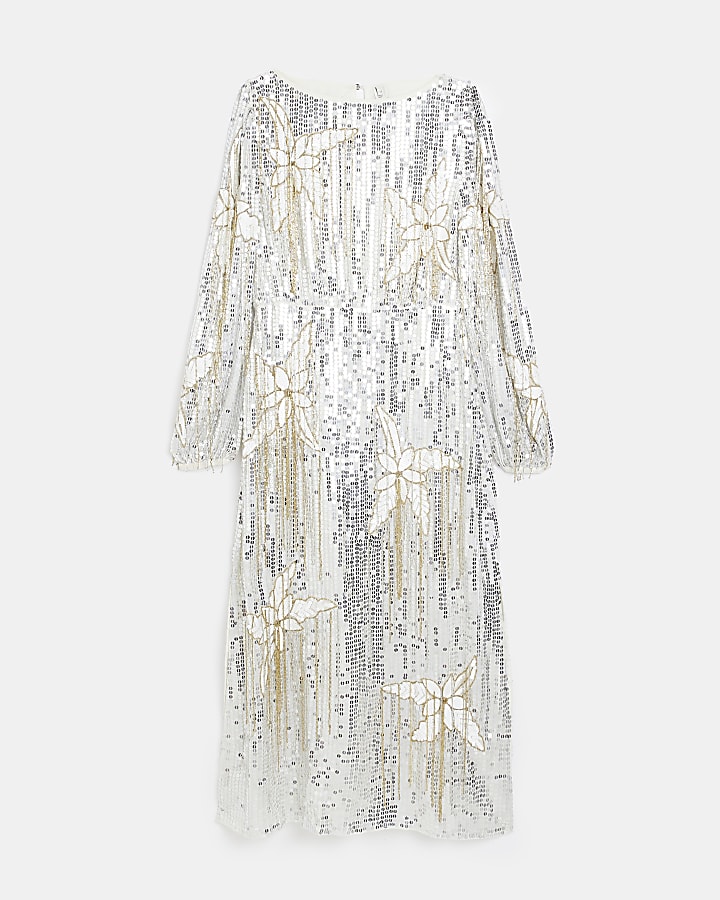 Silver floral sequin long sleeve midi dress