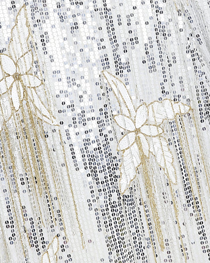 Silver floral sequin long sleeve midi dress