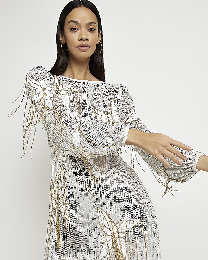 Silver floral sequin long sleeve midi dress