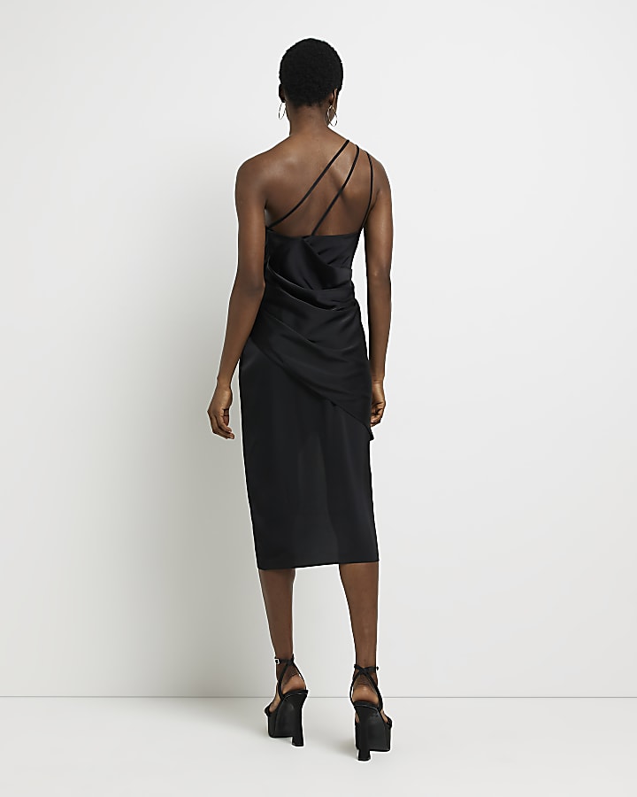 Black one shoulder satin wrap midi dress