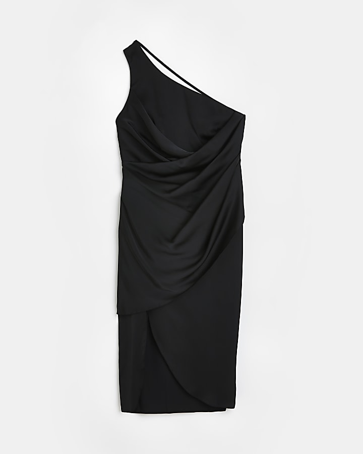 Black one shoulder satin wrap midi dress