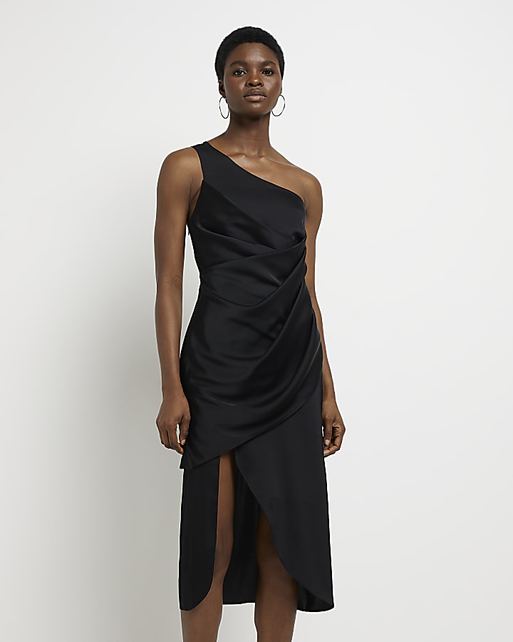 Black one shoulder satin wrap midi dress