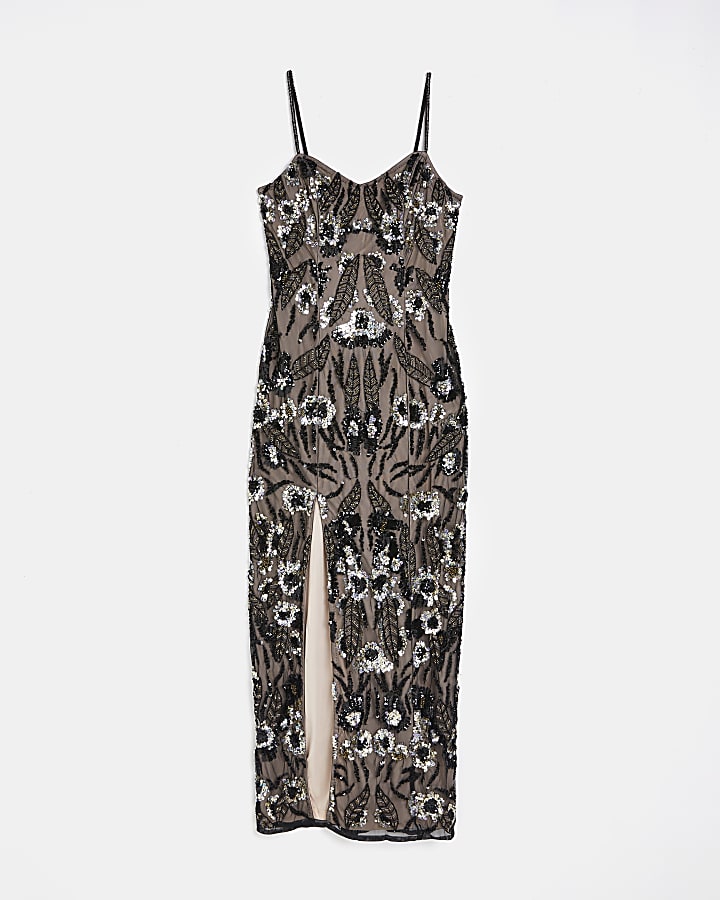 Black sequin floral bodycon maxi dress