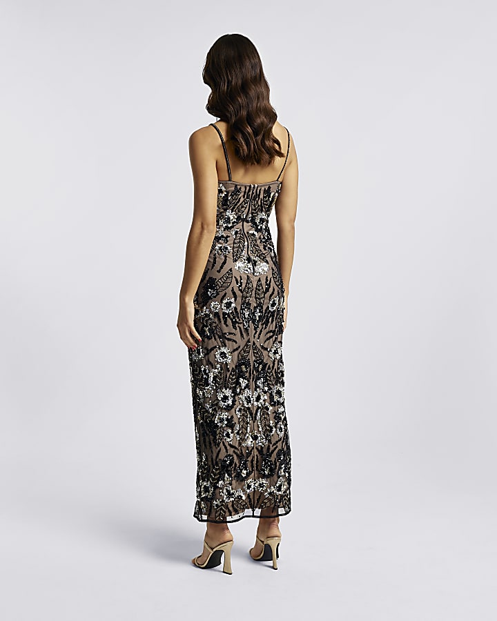 Black sequin floral bodycon maxi dress