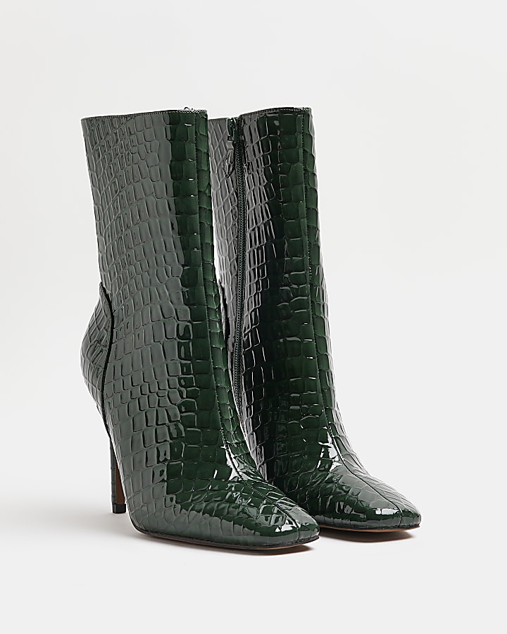 Green patent croc embossed heeled boots