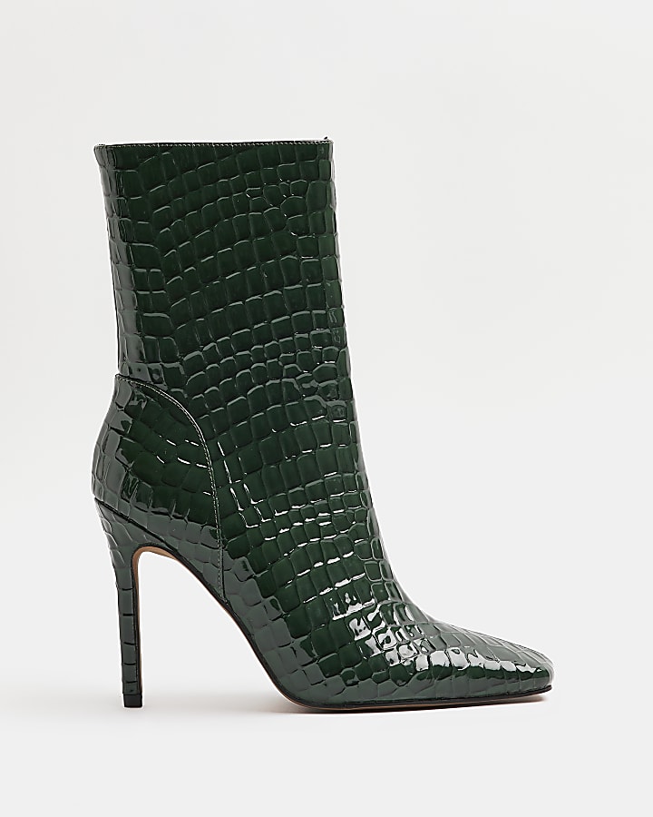 Green patent croc embossed heeled boots River Island