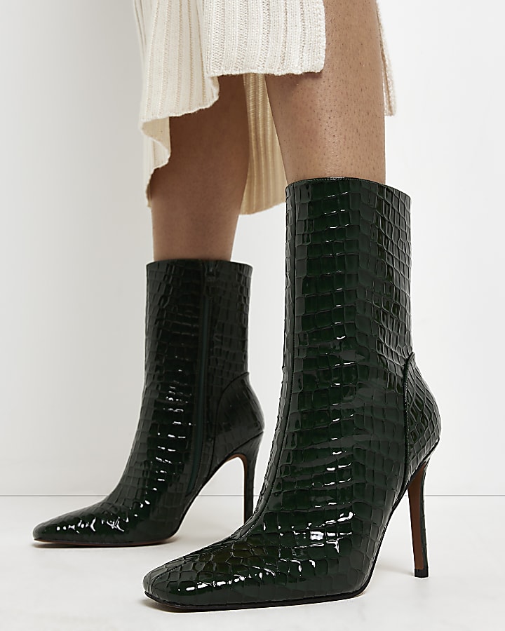 Green patent croc embossed heeled boots