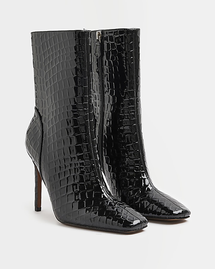 Black Patent croc embossed heeled Boots