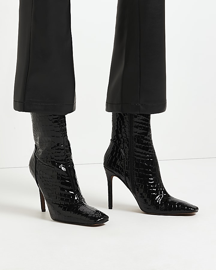 Black Patent croc embossed heeled Boots