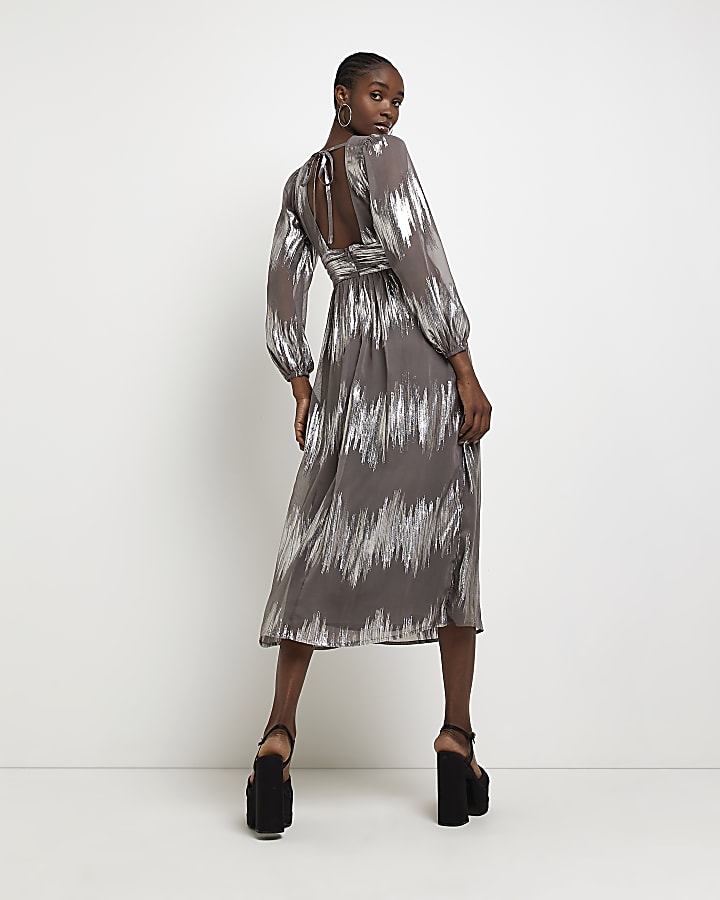 Silver stripe long sleeve midi dress