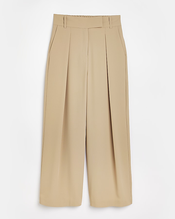 Beige pleated wide leg trousers