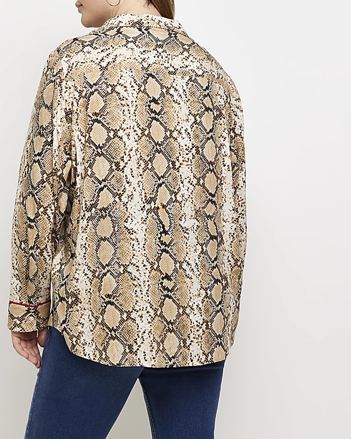 Plus beige animal print long sleeve shirt