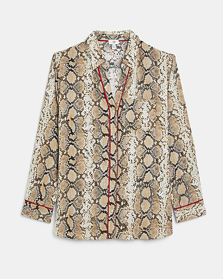 Plus beige animal print long sleeve shirt