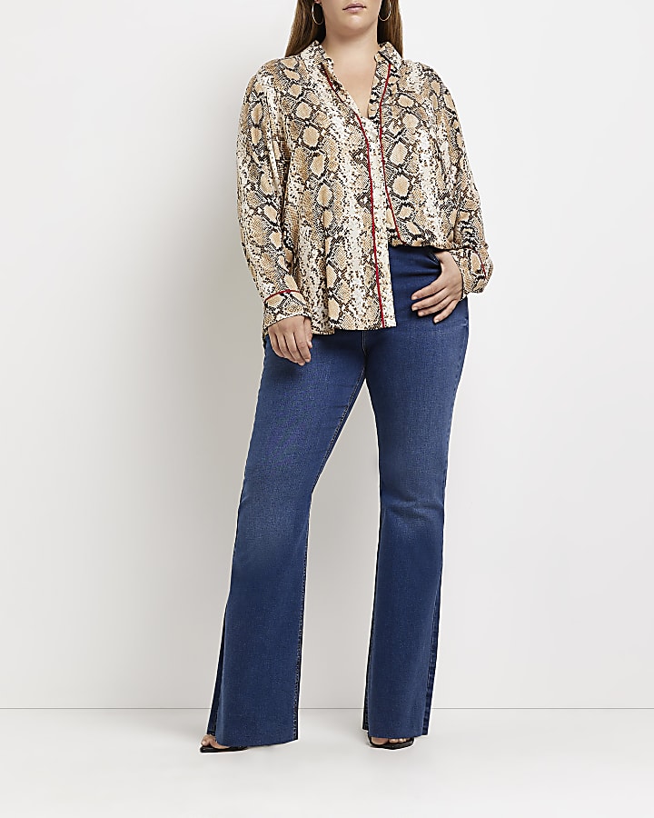 Plus beige animal print long sleeve shirt